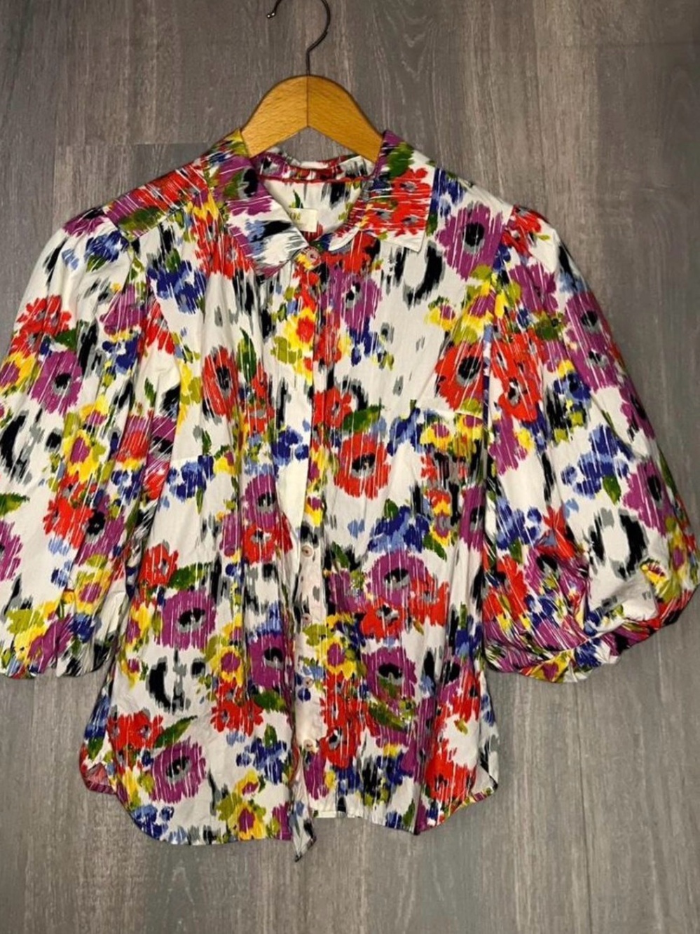 Maeve by Anthropologie Floral Puff-Sleeve Button-Front Blouse - White Multi